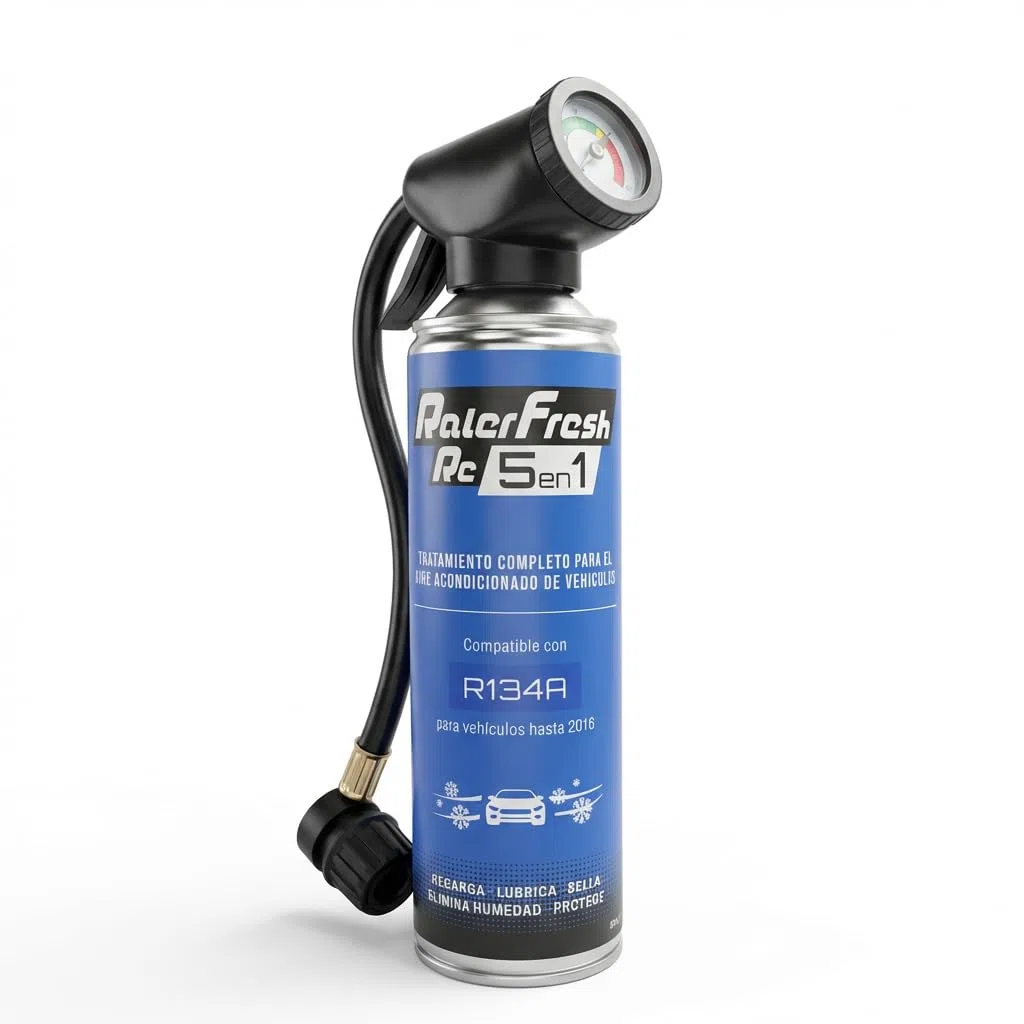 Ralerfresh RC 5en1 con Manómetro – Recarga Aire Acondicionado Coche R134a (hasta 2016) – Gas Refrigerante Sella, Lubrica, Elimina Humedad y Protege – 500 ml