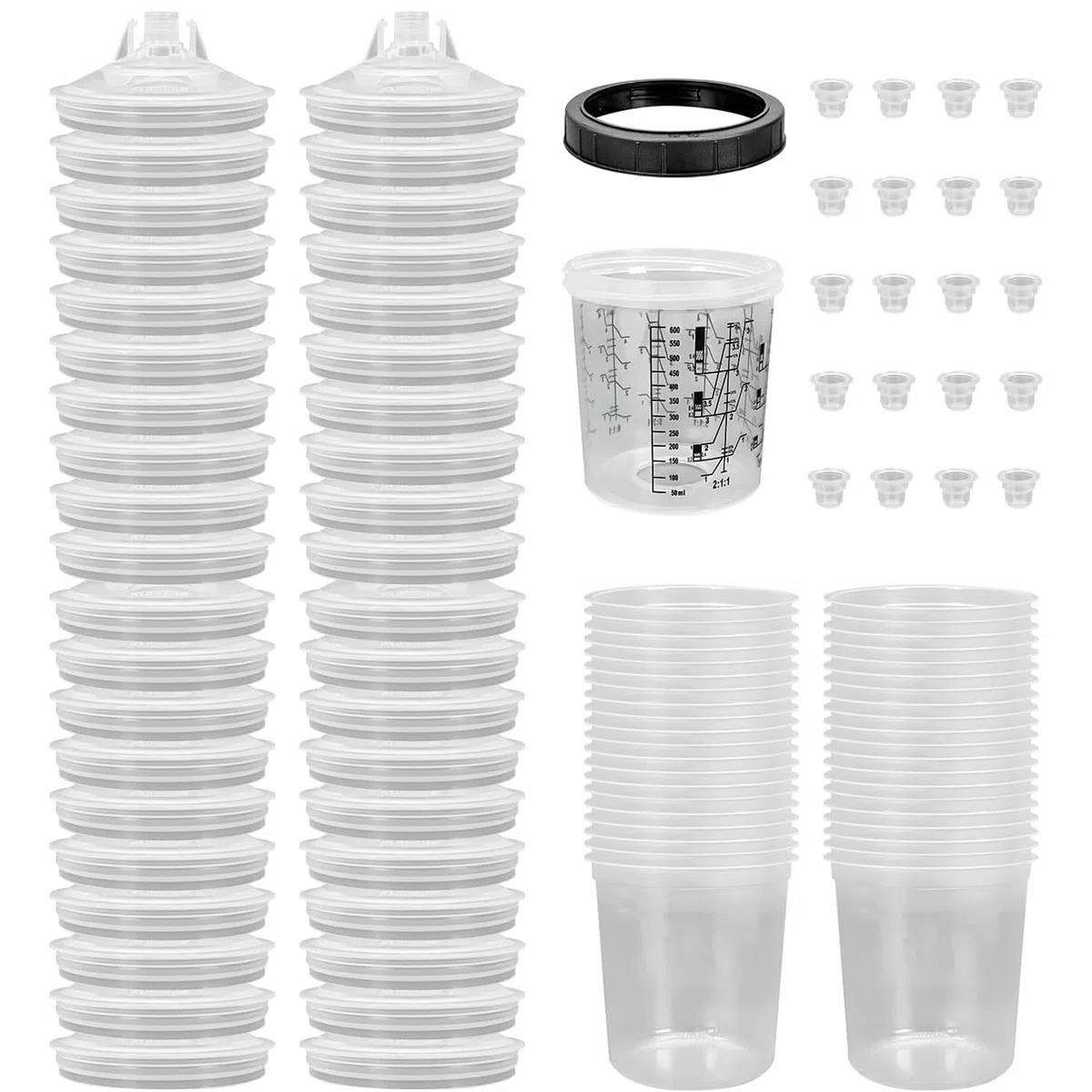 Kit de Taza de Mezcla de Pintura para Pistola Pintura, Vaso Mezclador de Pintura con 50 Tapas y Forros Desechables, 10 Tapones de Sellado, 600ML