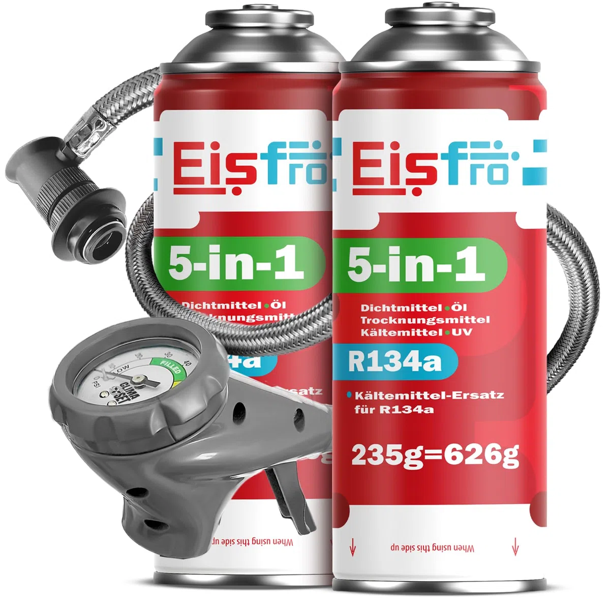 5 en 1: Refrigerante sustituto R134a + Manguera, 2 x 235 g para Aire Acondicionado de automóvil con Aceite, aditivo sellador, colorante UV, Agente deshidratante – Protege el compresor