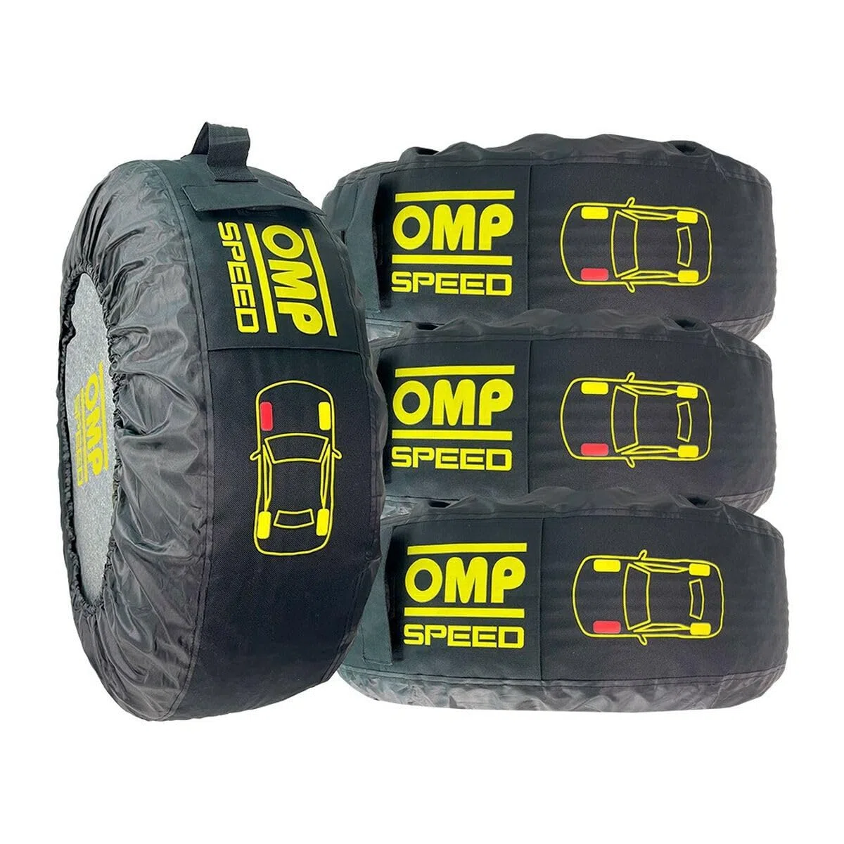 OMP Speed - Juego de 4 Fundas Universales para Almacenamiento y Transporte de Neumáticos/Ruedas con Bolsillo para Tornillos y Protección Delantera - Ideal para Coche y SUV