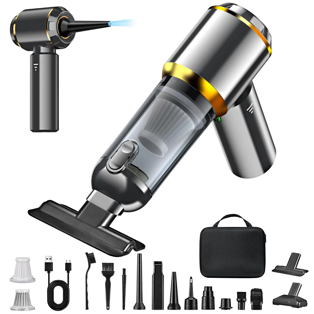 Antifnuo Aspiradora de mano, aspiradora de mano con batería 4 en 1, 25000 PA, aspiradora de coche de 3 marchas, 220.000 rpm, potente motor sin escobillas para oficina, hogar, cocina