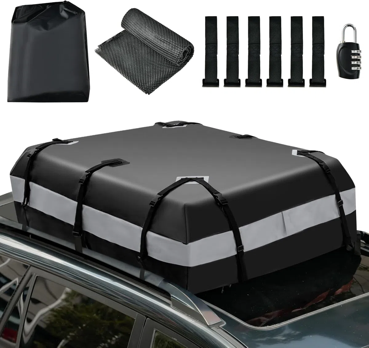 FANTASK Baúl de Techo con Cerradura de combinación para Todos los vehículos con/sin portaequipajes, 420 L, Impermeable, con 6 Ganchos para Puerta, Alfombrilla Antideslizante y Bolsa de Transporte,