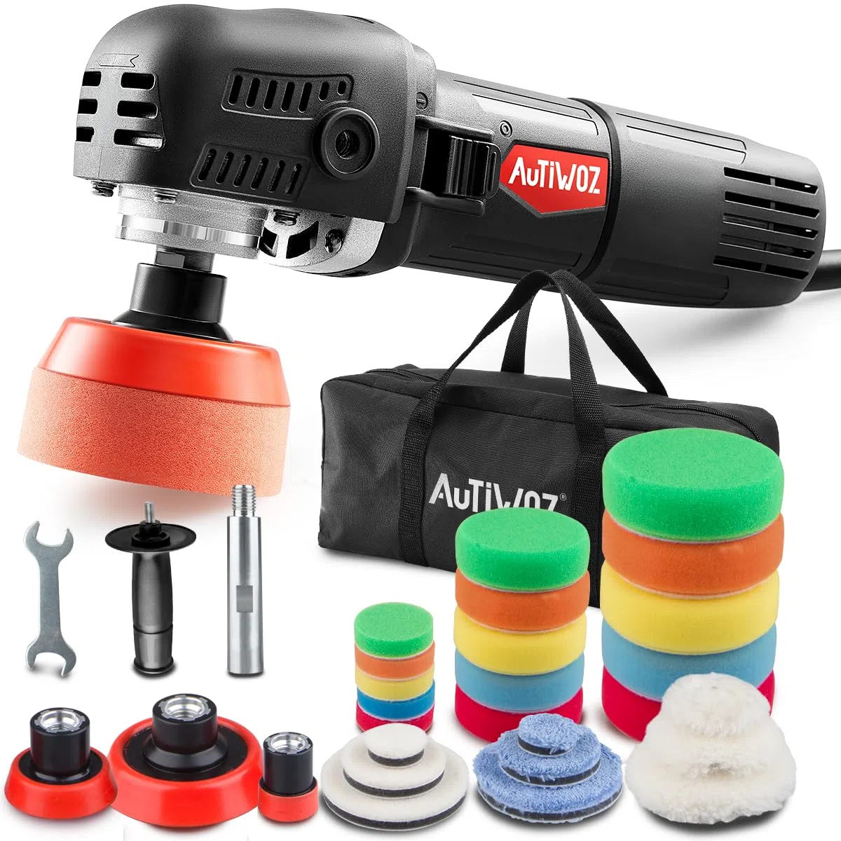 Mini Pulidora Coches,AUTIWOZ 850W Pulidora, 25mm/50mm/75mm Disco de pulir/Almohadilla Esponja,Pulidora Rotativa Pequeña,6 Velocidades,2200-5600 rpm,Pulido áreas Pequeñas,Pulido de Detalles