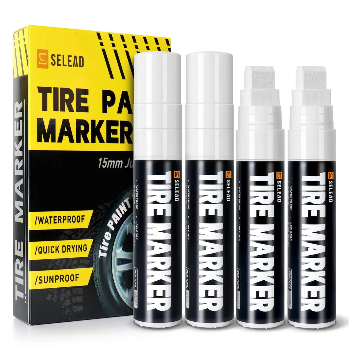 SELEAD Rotuladores de neumáticos jumbo blancos, paquete de 4 bolígrafos de pintura de punta ancha de 15 mm para neumáticos de coche, tinta de gran capacidad, marcadores permanentes impermeables