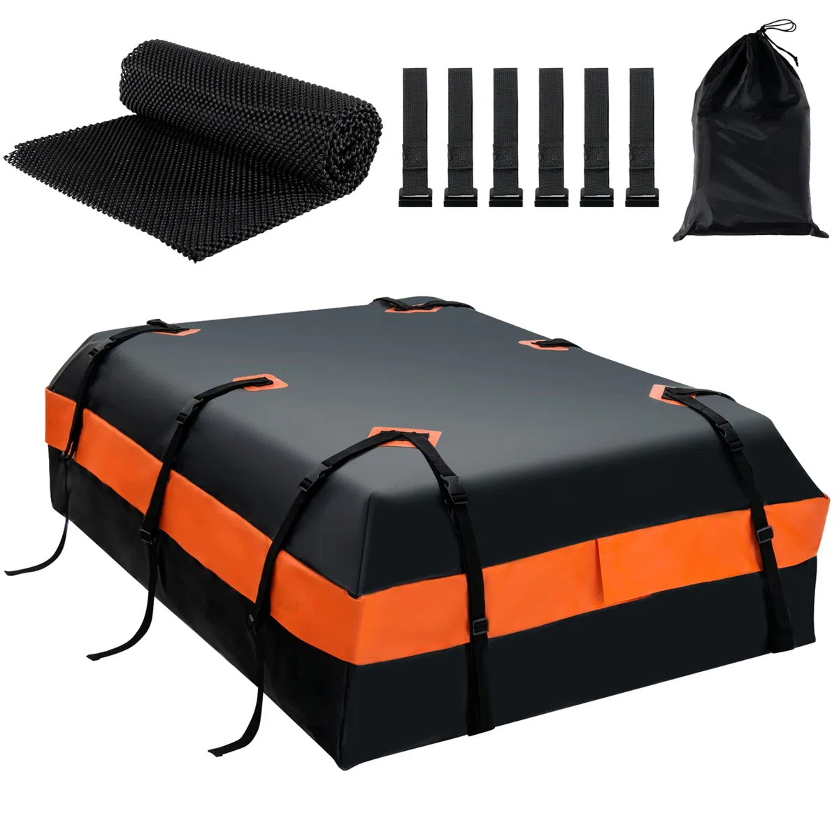 COSTWAY Cofre Techo Coche 600L, Cofre de Techo para Vehículo Impermeable con Bolsa de Almacenaje, Alfombrilla Antideslizante, Maletero Techo Coche con 6 Ganchos, 10 Correas para con/sin Portaequipajes