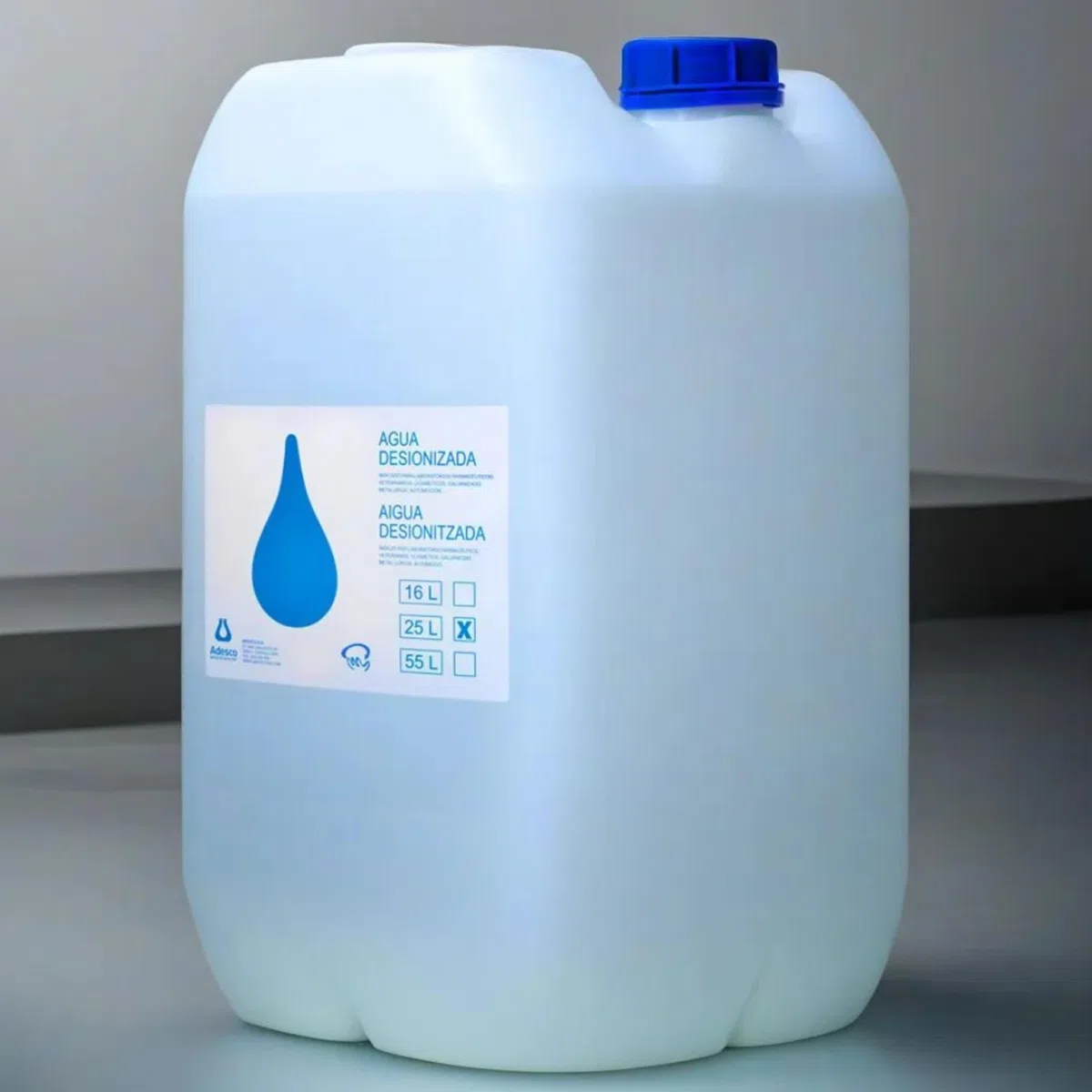 ADESCO Agua Desionizada Destilada 25 L – Alta Pureza para Laboratorio, Baterías, Planchas, Limpieza Técnica, Acuarios, Uso Profesional