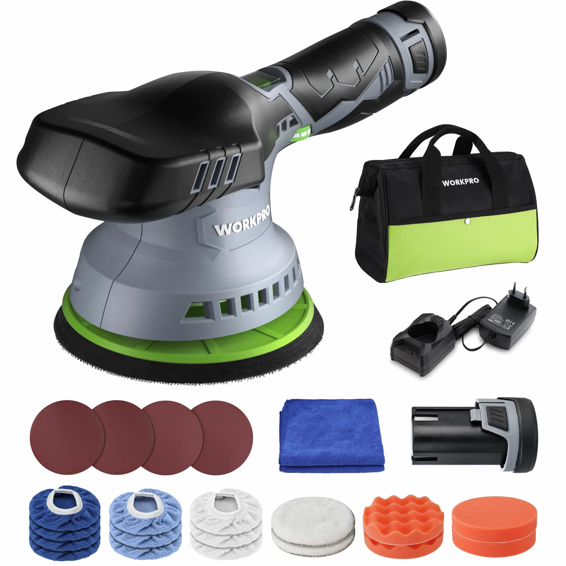 WORKPRO Pulidora Coche, 12V Máquina Pulidora con Velocidades Variables, Pulidora de Base 150mm, Viene con 22pc Accesorios y 1 Bolsa, Perfecto para Pulir y Encerar Muebles, Coches