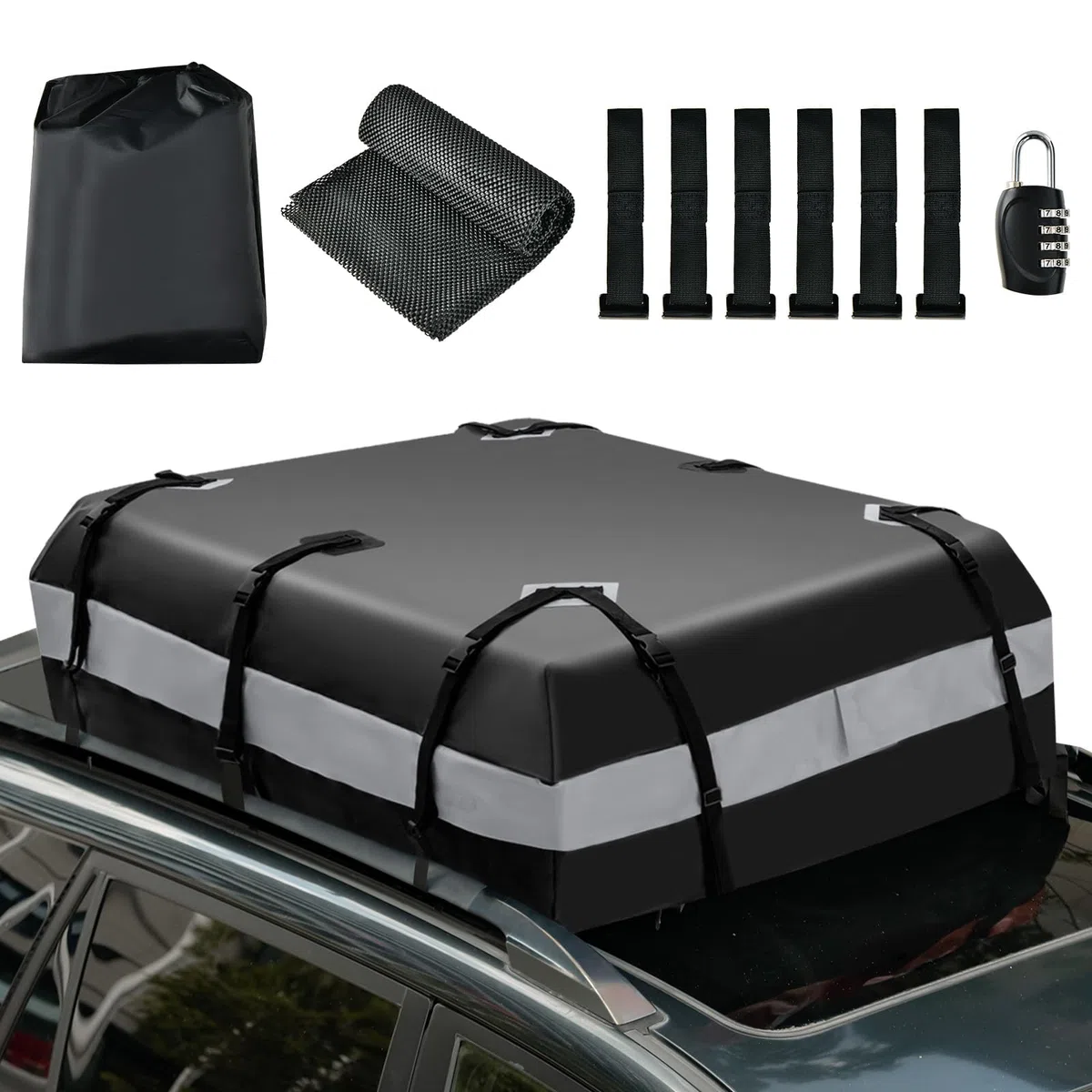 FANTASK Baúl de Techo para Coche, Impermeable, con Cerradura de combinación, 6 Ganchos para Puerta, Alfombrilla Antideslizante y Bolsa de Transporte, Caja Plegable para Todos los vehículos con/sin