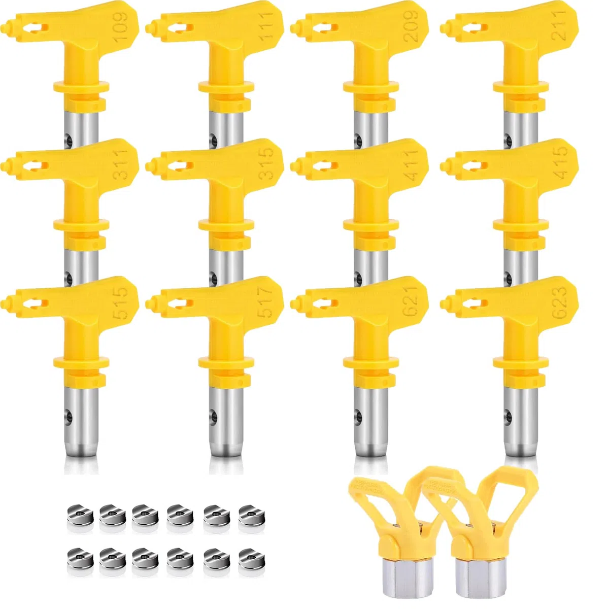 12 piezas Puntas de pulverización, Boquillas de pulverización Airless con 2 protectores de boquilla, para pistola pintura (109,111,209,211,311,315,411,415,515,517,621,623)