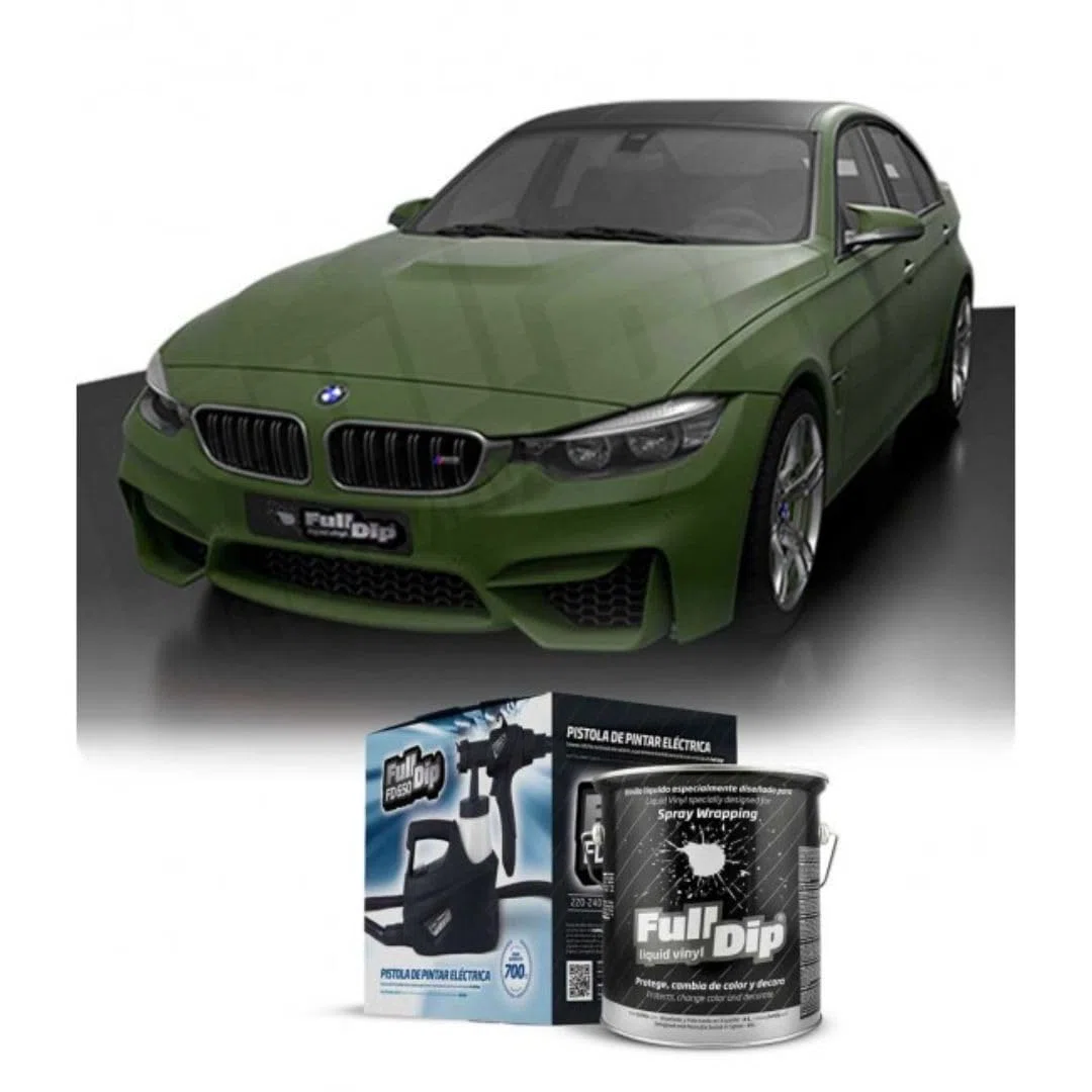 AutoFullCar - Kit Pintura Vinilo Líquido Full Dip - Formato 4 Litros + Pistola Eléctrica | Acabado Profesional y Removible | Fácil Aplicación | Coches, Motos (VERDE MILITAR, URBANO)